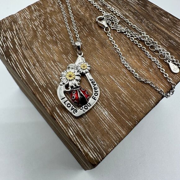 I Love You Forever Ladybug Sunflower Sterling Silver Necklace - Picture 4 of 5